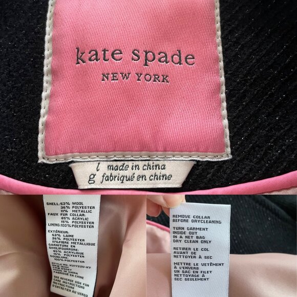 Kate Spade Black Wool Blend Coat Jewel Button Coat Large Designer *No Fur Collar - Picture 4 of 9